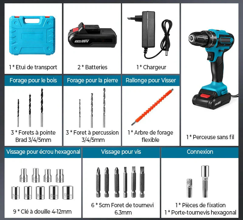 [2X1 OFERTA] - KIT TALADRO INALÁMBRICO y IMPACTO + 26 ACCESORIOS + 2 BATERIAS REGALO