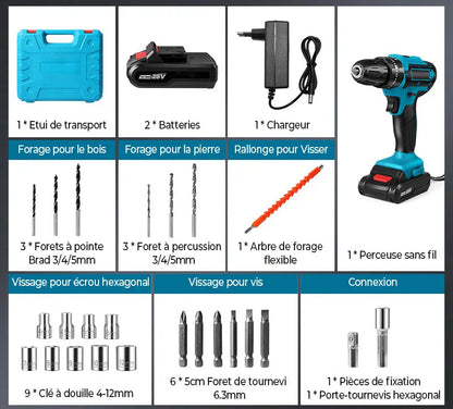 [2X1 OFERTA] - KIT TALADRO INALÁMBRICO y IMPACTO + 26 ACCESORIOS + 2 BATERIAS REGALO